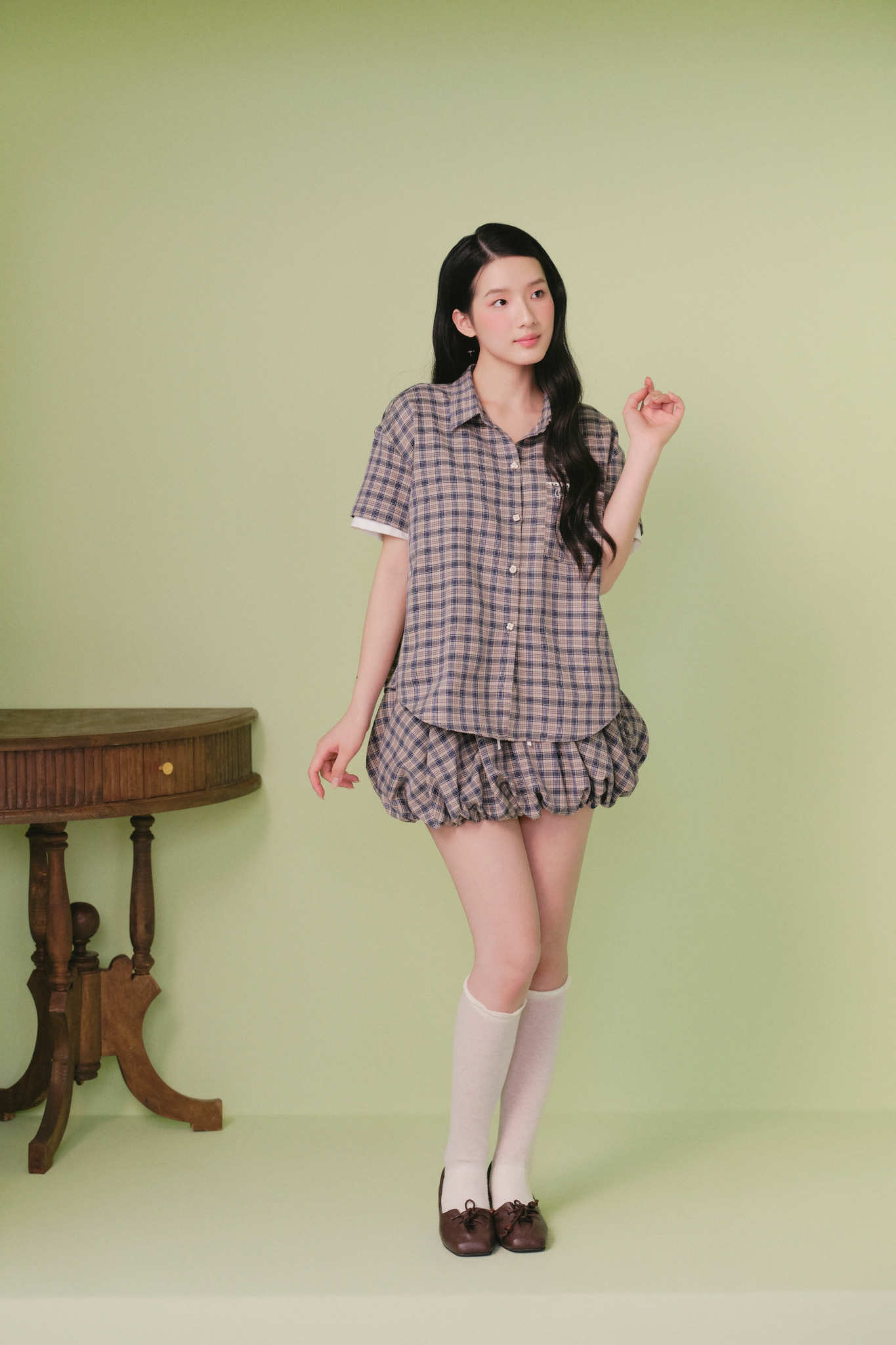 Set sơ mi caro ngắn Gray Checked Buttoned Loose