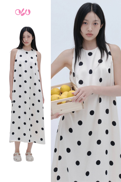  Cream Dot Halter Neck Maxi Dress 