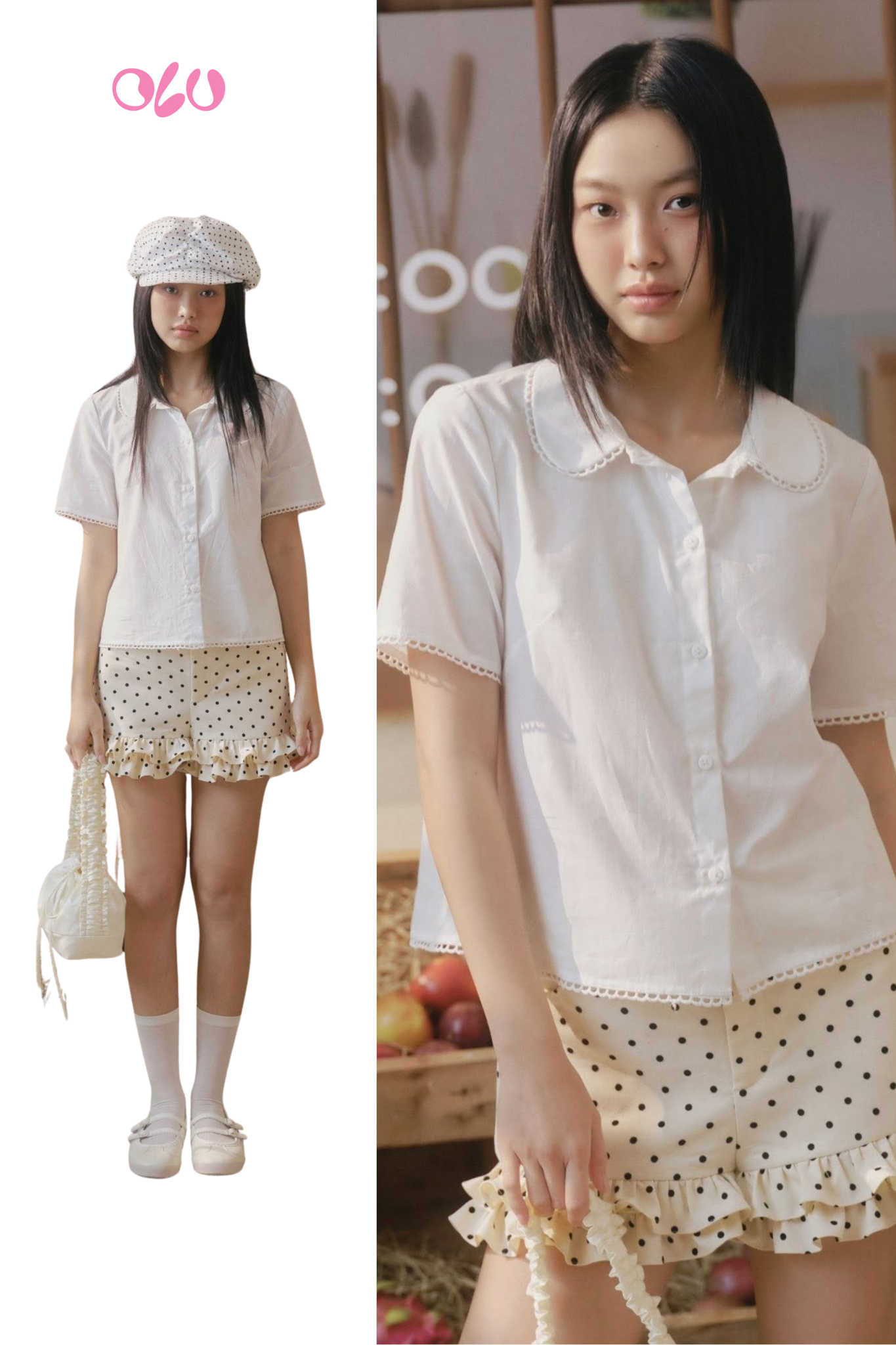 Quần Cream Kaki Polka Dot Ruffle Shorts