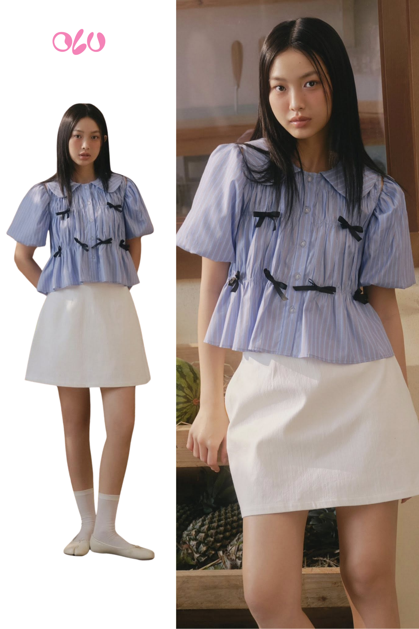Áo Blue Kate Striped Puff Sleeve Shirt