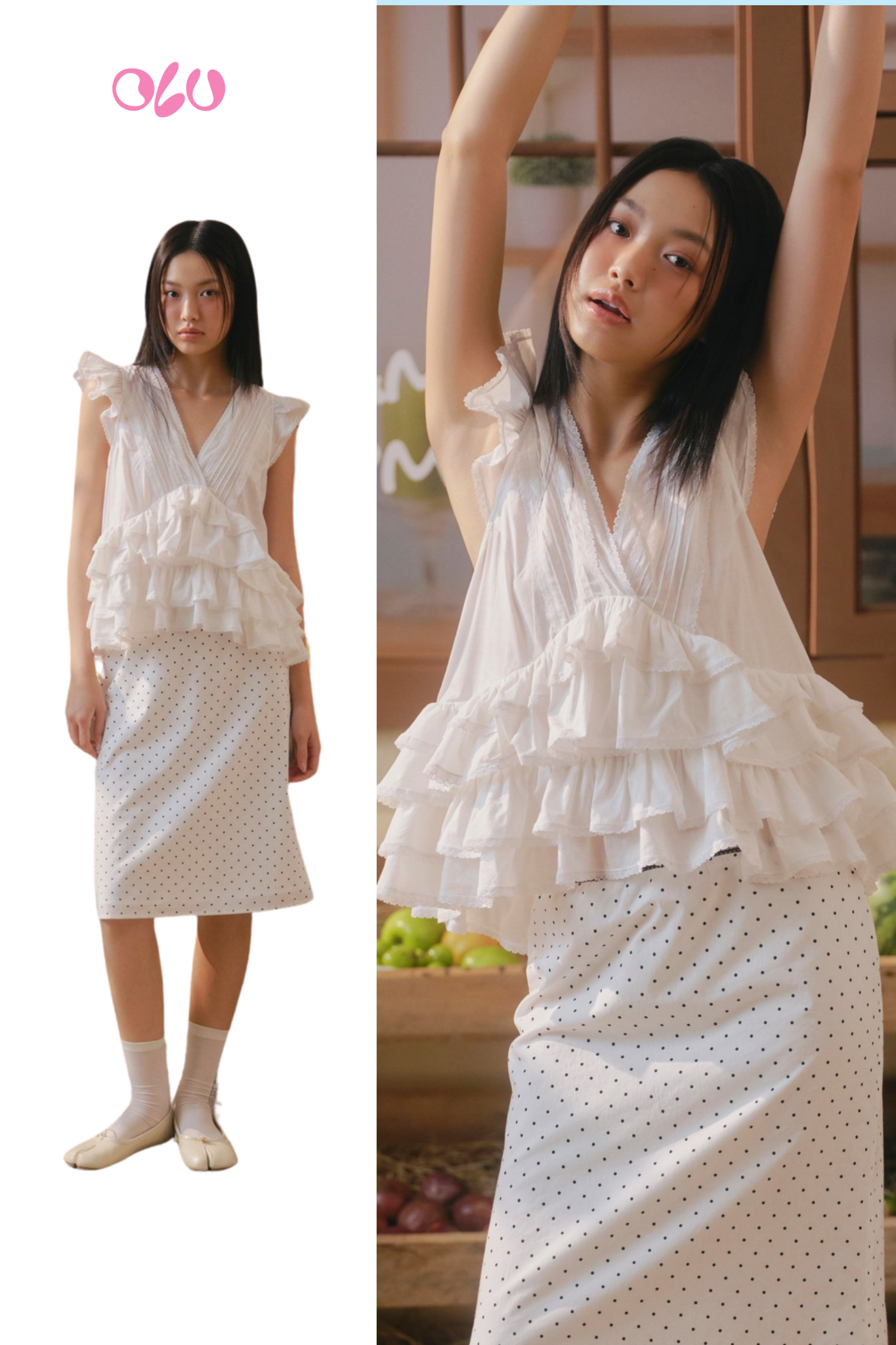Áo White Muslin Tiered Ruffled V Neck Top