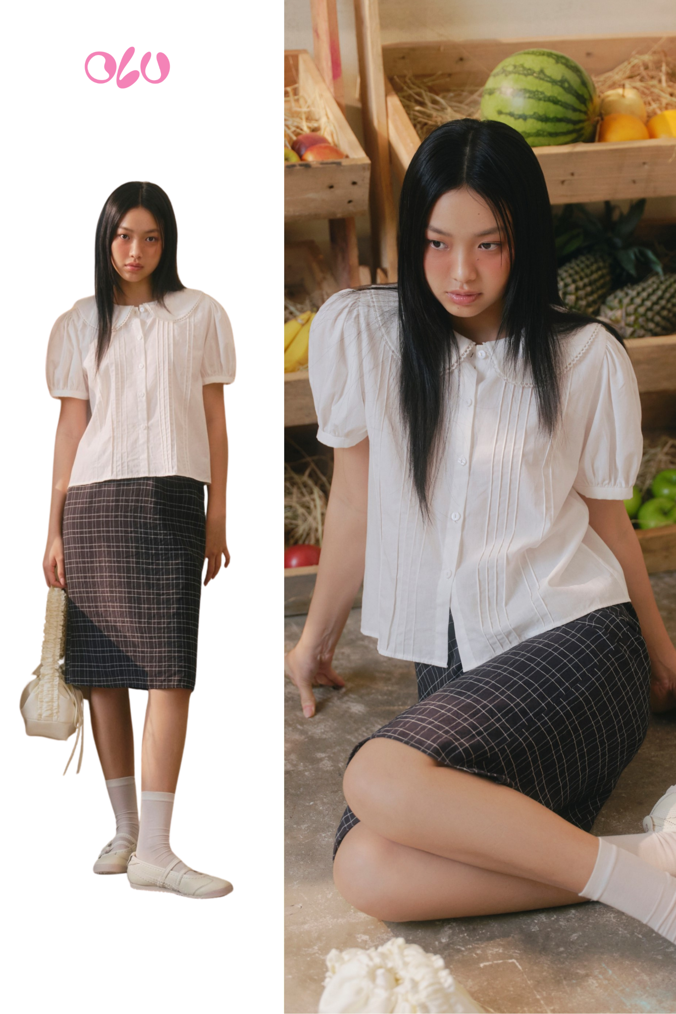 Áo White Linen Puff Sleeve Collar Shirt