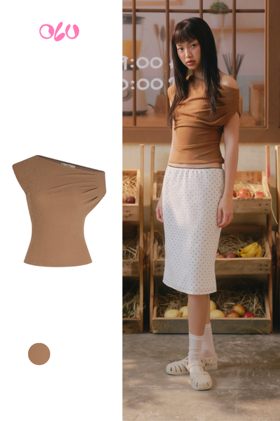  Áo Brown One Shoulder Draped Top 