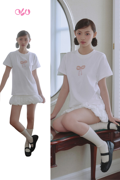  Áo White Pink Bow Cotton Short Sleeve T Shirt 