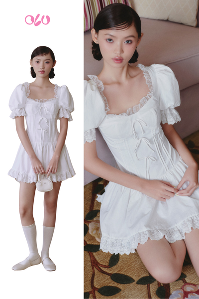  White Linen Puff Sleeves Lace Trim Mini Dress 