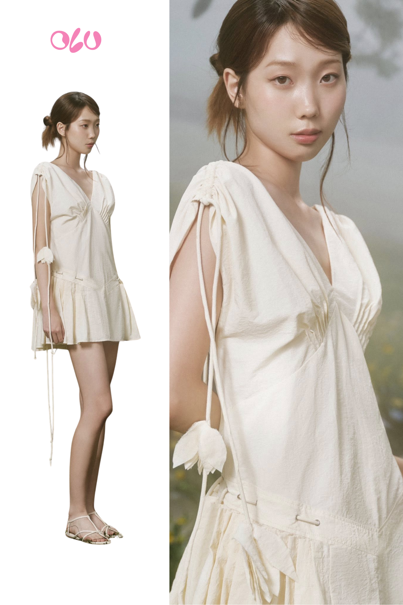 Cream V Neck Tied Sleeves Mini Dress