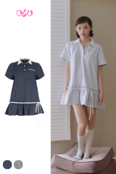  Light Blue Striped Linen Polo Babydoll Dress 