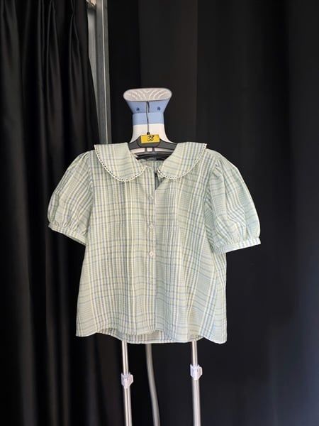  Green Puff Sleeve Collar Shirt 