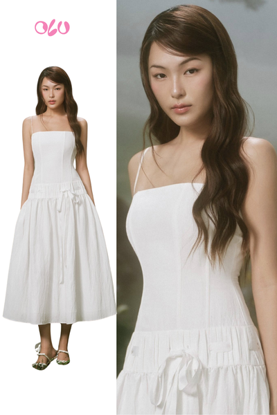  White Square Tie Waist Midi Dress 