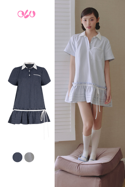  Light Blue Striped Linen Polo Babydoll Dress 