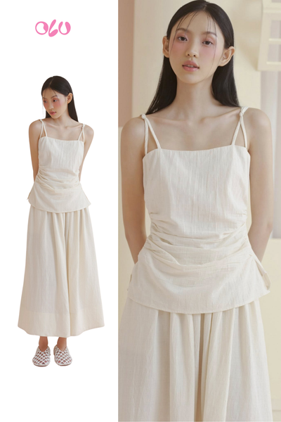  Cream Linen Strappy Ruched Dress 