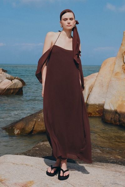  Váy maxi dáng rộng Brown Chiffon Off Shoulder Maxi Dress 