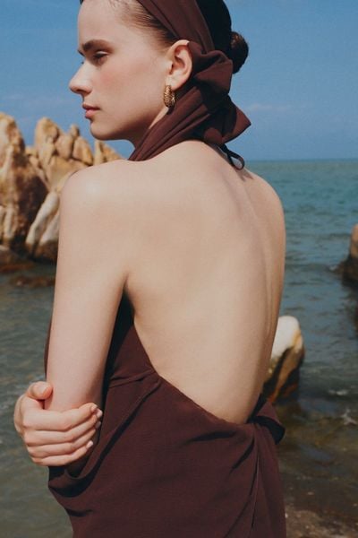  Váy maxi dáng rộng Brown Chiffon Off Shoulder Maxi Dress 