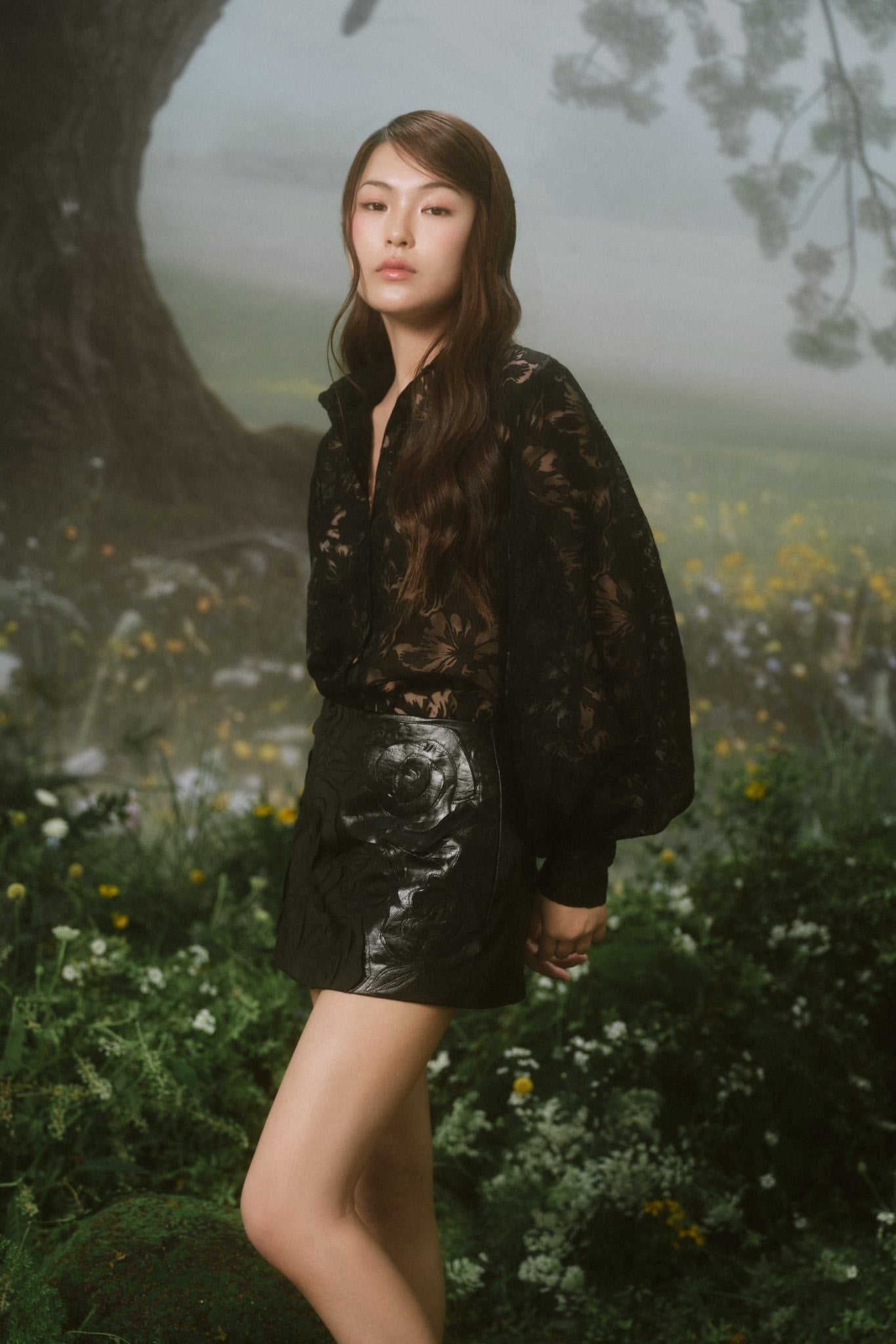 Áo Fleur Lace Sheer Mesh Shirt nhiều màu