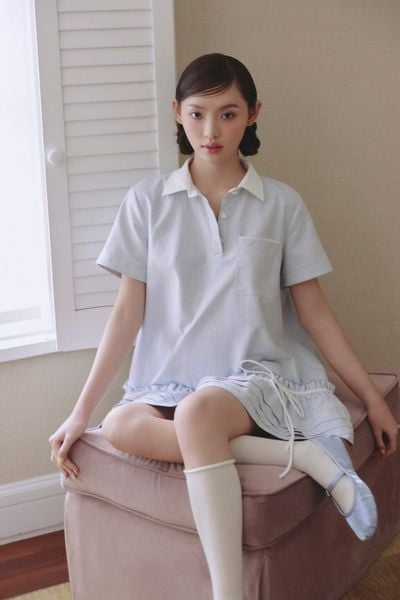  Váy babydoll Light Blue Striped Linen Polo Babydoll Dress 