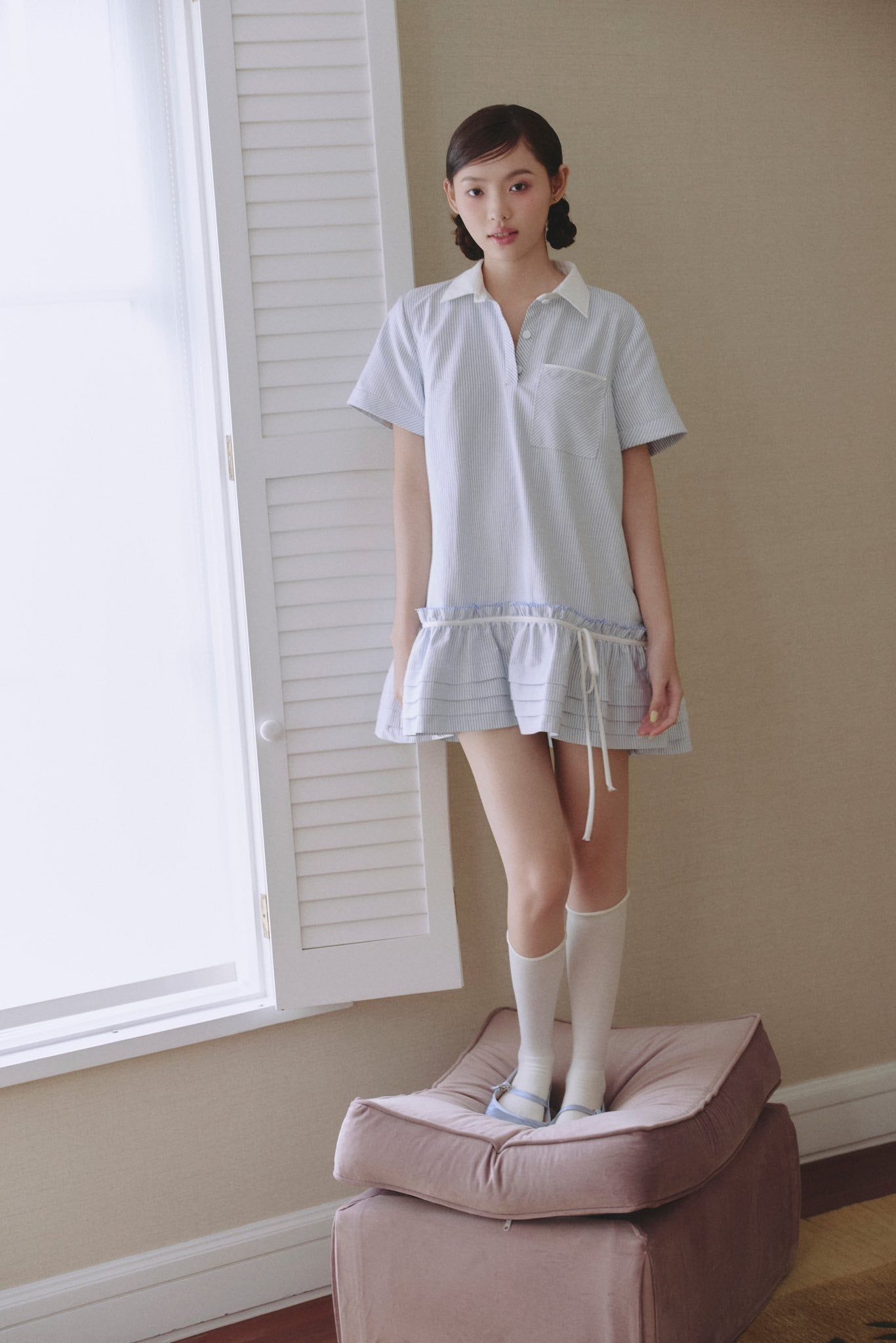 Váy babydoll Light Blue Striped Linen Polo Babydoll Dress