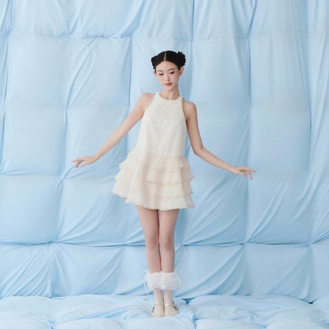 Váy tiệc Ivory Chiffon Halter Neck Layered Mini Dress