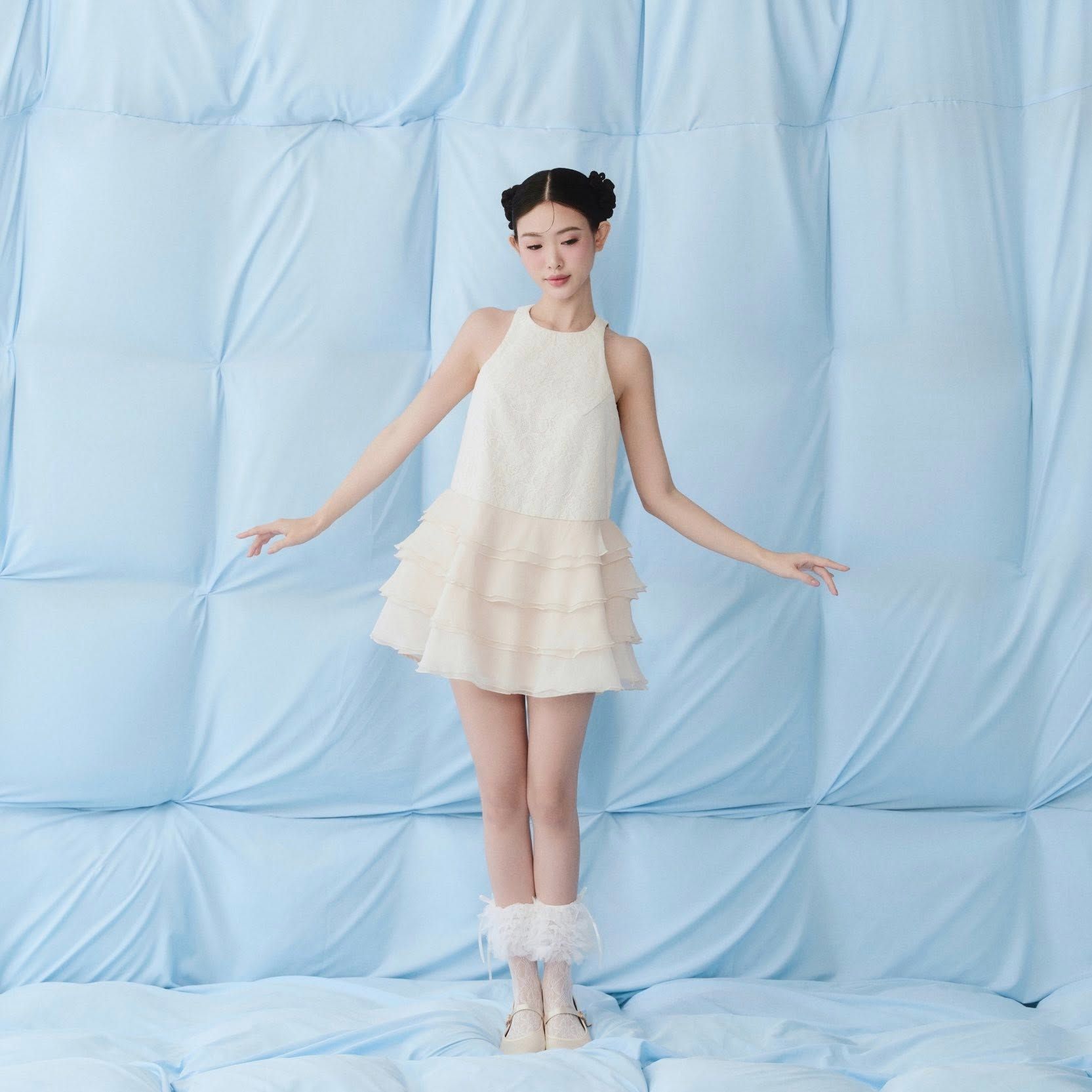 Váy tiệc Ivory Chiffon Halter Neck Layered Mini Dress