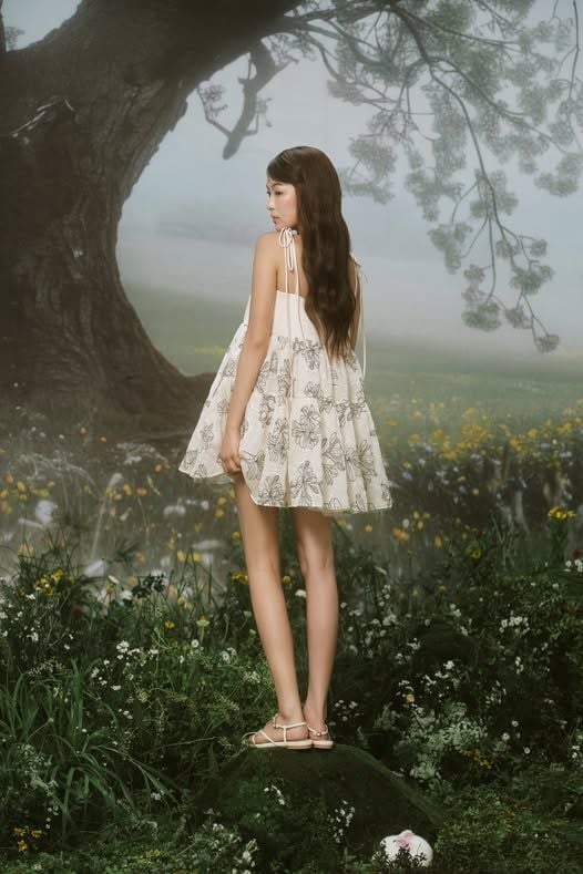 Váy babydoll 2 dây đi tiệc Cream Fleur Babydoll Layered Strappy Mini Dress