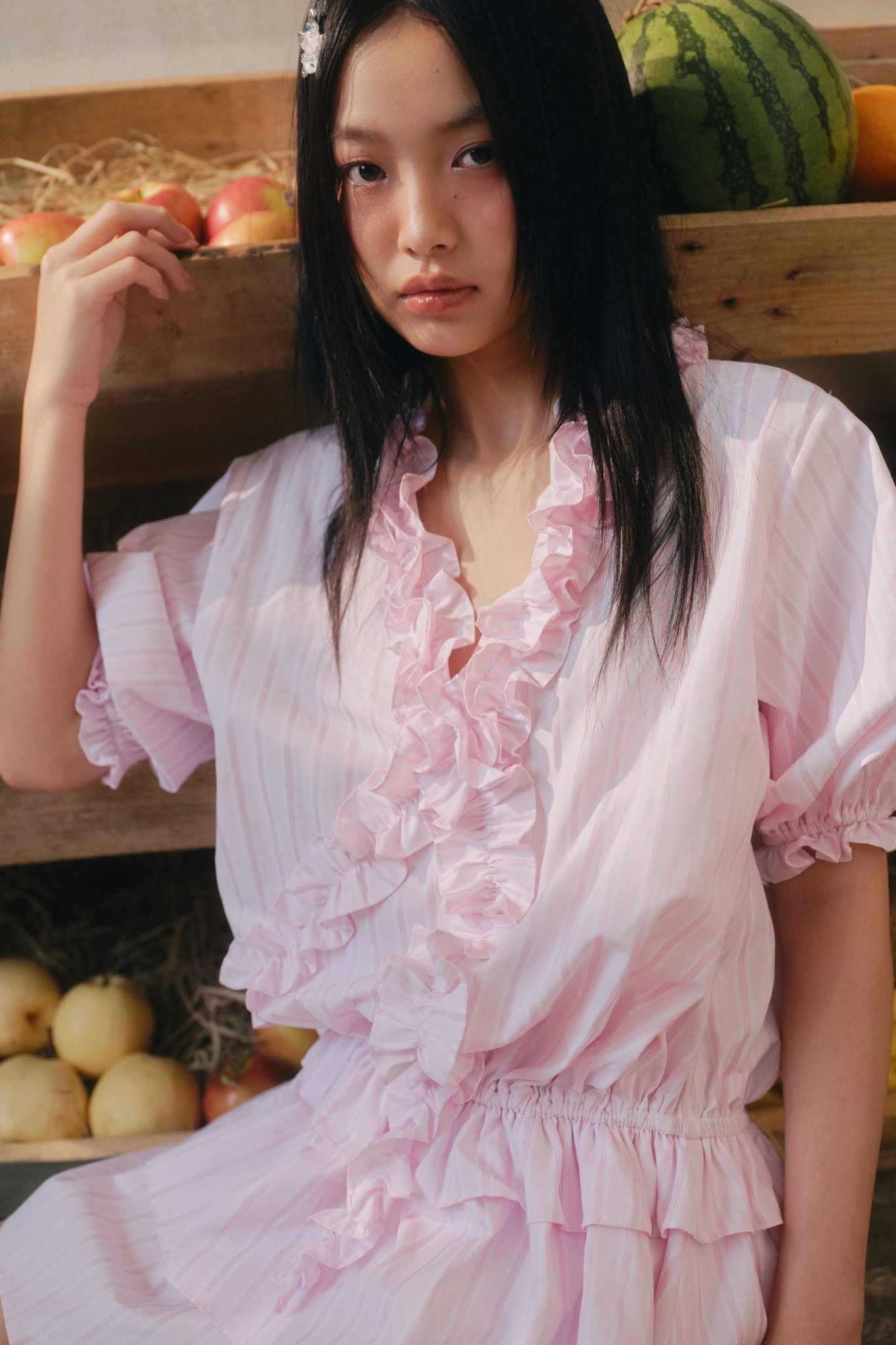 Váy babydoll phối bèo Pink Striped Ruffle Mini Dress