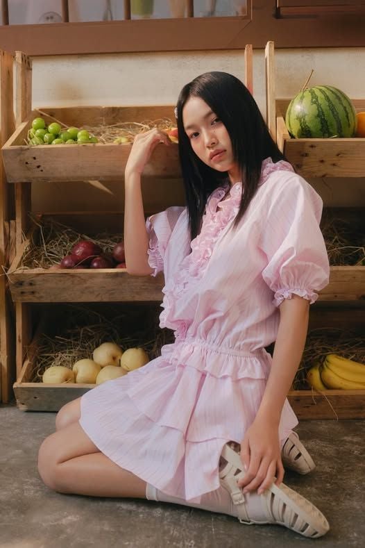 Váy babydoll phối bèo Pink Striped Ruffle Mini Dress
