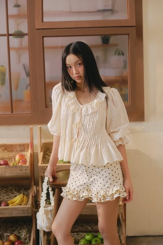 Áo babydoll tay lỡ Beige Cotton Ruffled Tie Front Shirt
