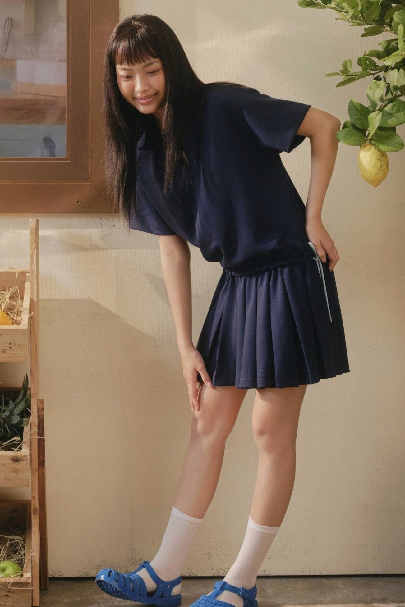 Set váy suông Navy V Neck Pleated Mini Set