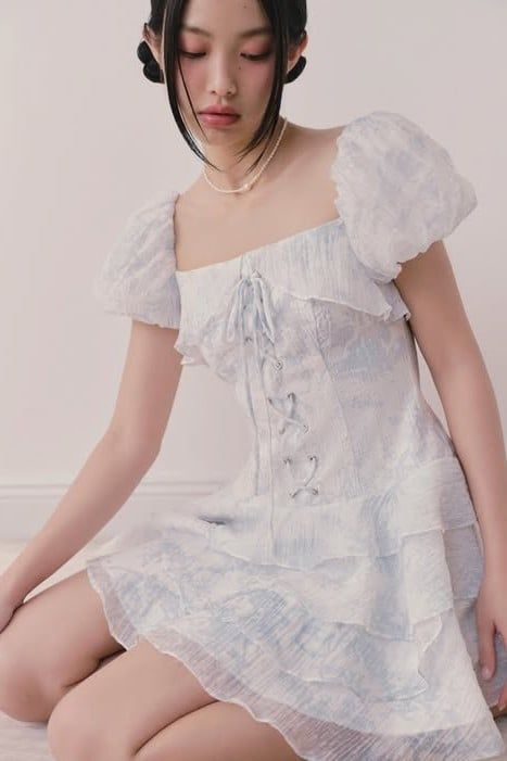 Váy cotton hoa tay phồng Bristol Fleur Dress in Blue
