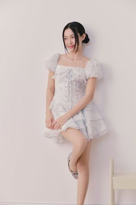 Váy cotton hoa tay phồng Bristol Fleur Dress in Blue