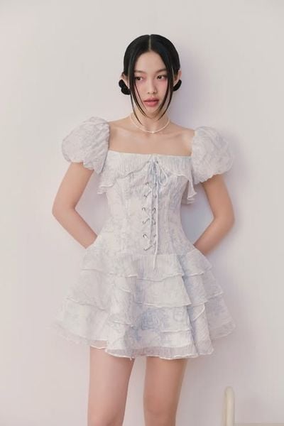  Váy cotton hoa tay phồng Bristol Fleur Dress in Blue 