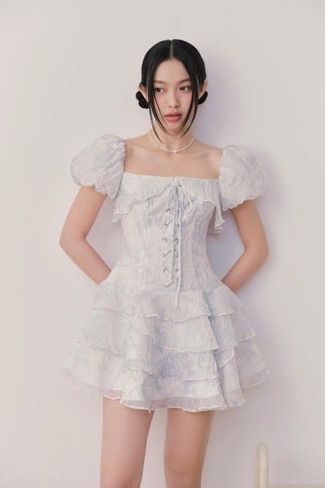 Váy cotton hoa tay phồng Bristol Fleur Dress in Blue