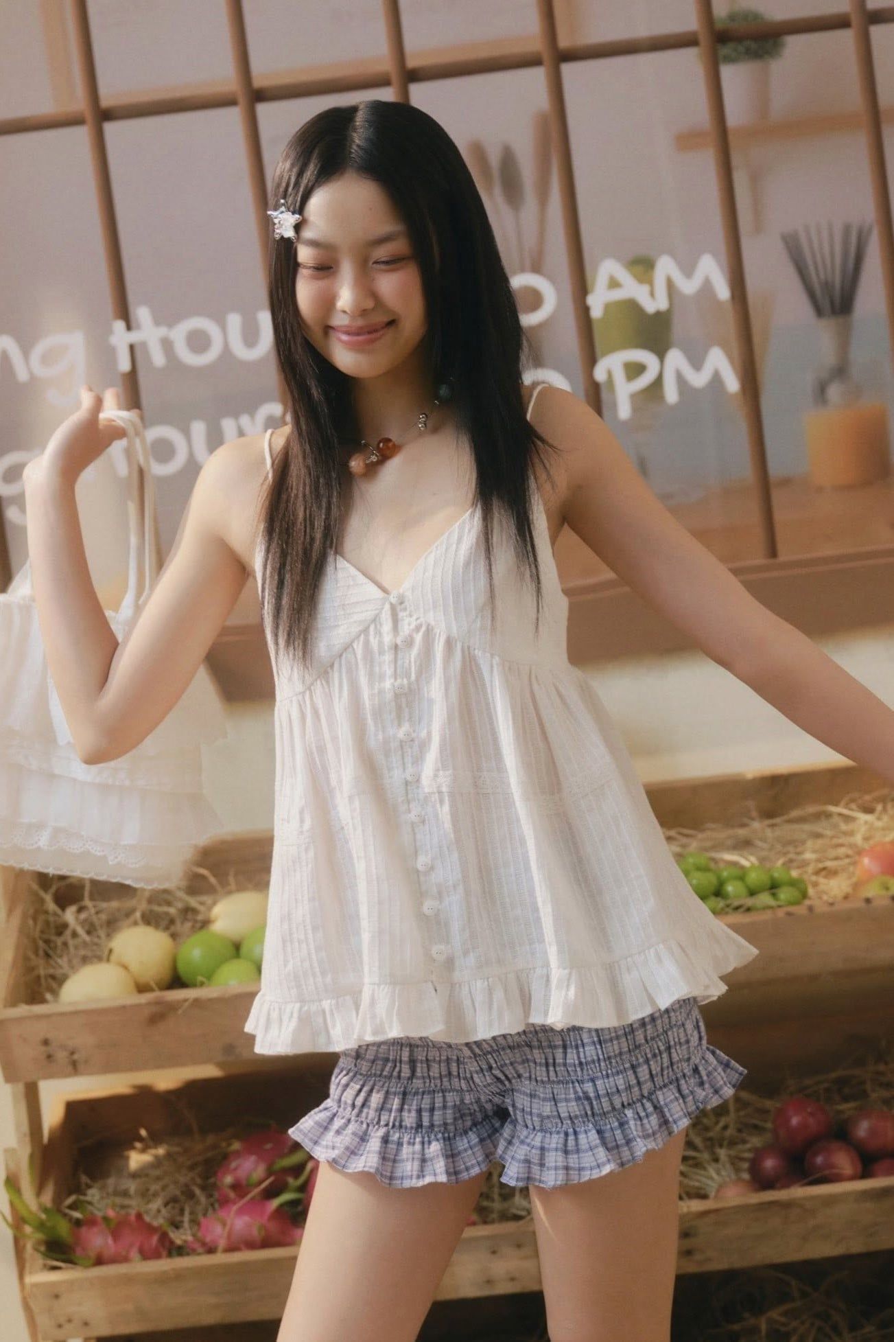 Áo hai dây cổ V White Ruffled Buttoned Cami Top