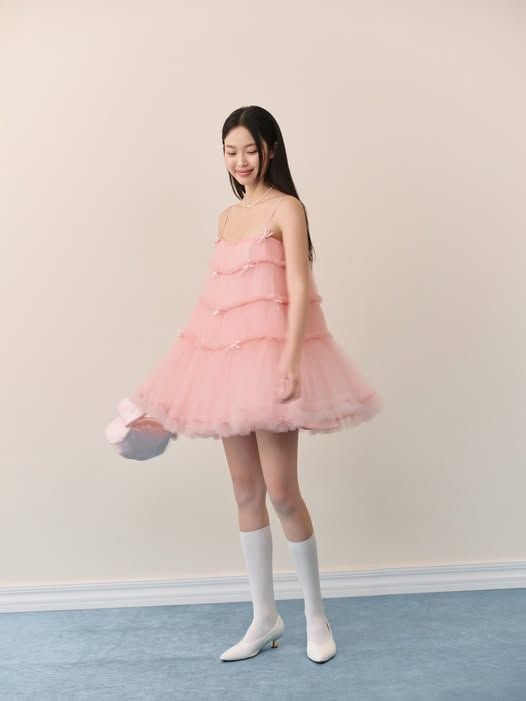 Đầm suông hai dây Pink Mesh Layered Bow Mini Dress
