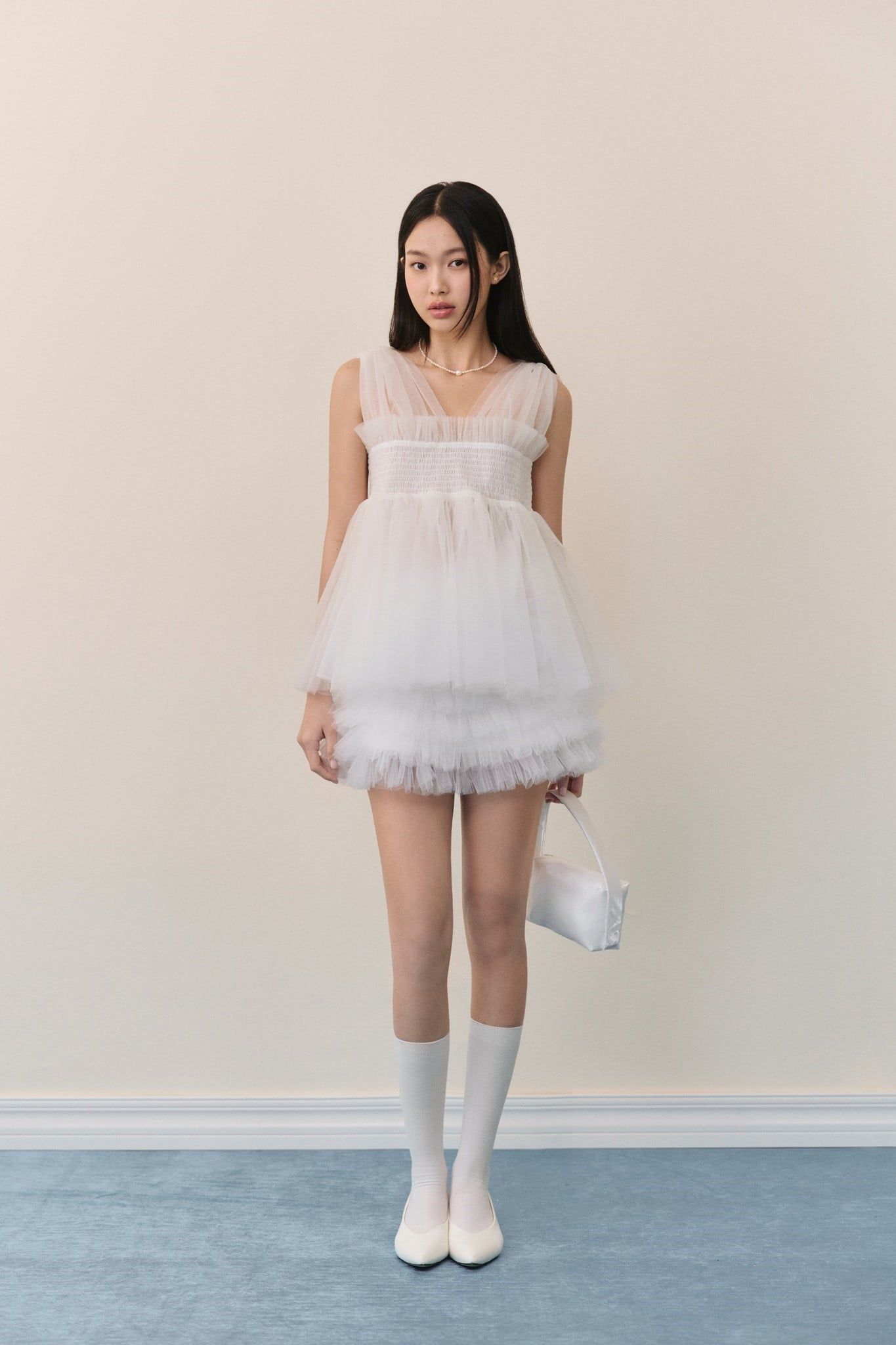 Áo lưới tầng Ivory Mesh Smocked Layered Top