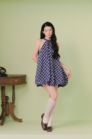 Váy cổ yếm kẻ caro Blue Checked Halter Neck Puff Mini Dress