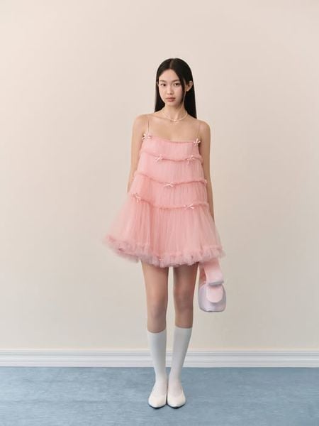  Đầm suông hai dây Pink Mesh Layered Bow Mini Dress 