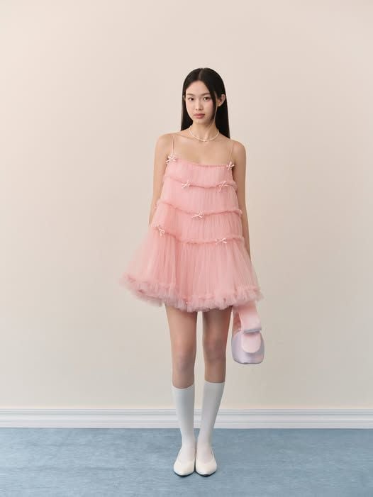 Đầm suông hai dây Pink Mesh Layered Bow Mini Dress