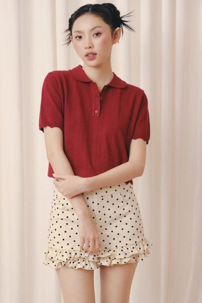  Áo Red Polo Knit Ribbed Top 