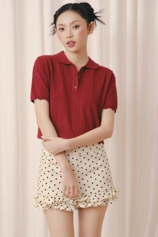Áo Red Polo Knit Ribbed Top