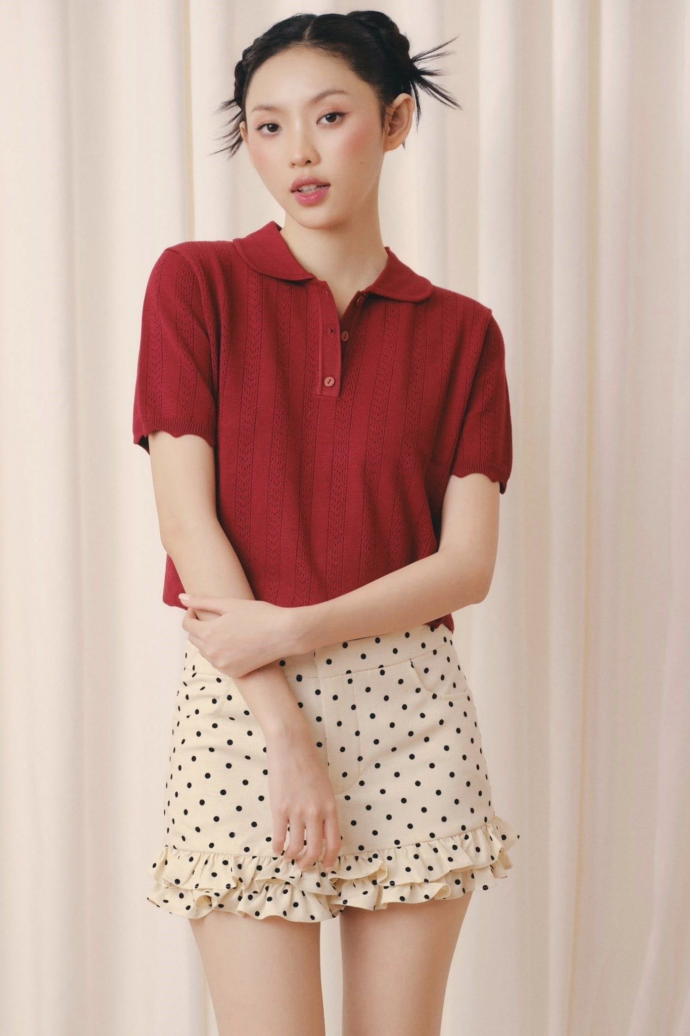 Áo Red Polo Knit Ribbed Top