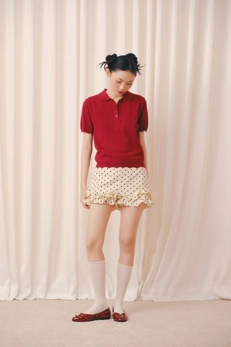 Áo Red Polo Knit Ribbed Top