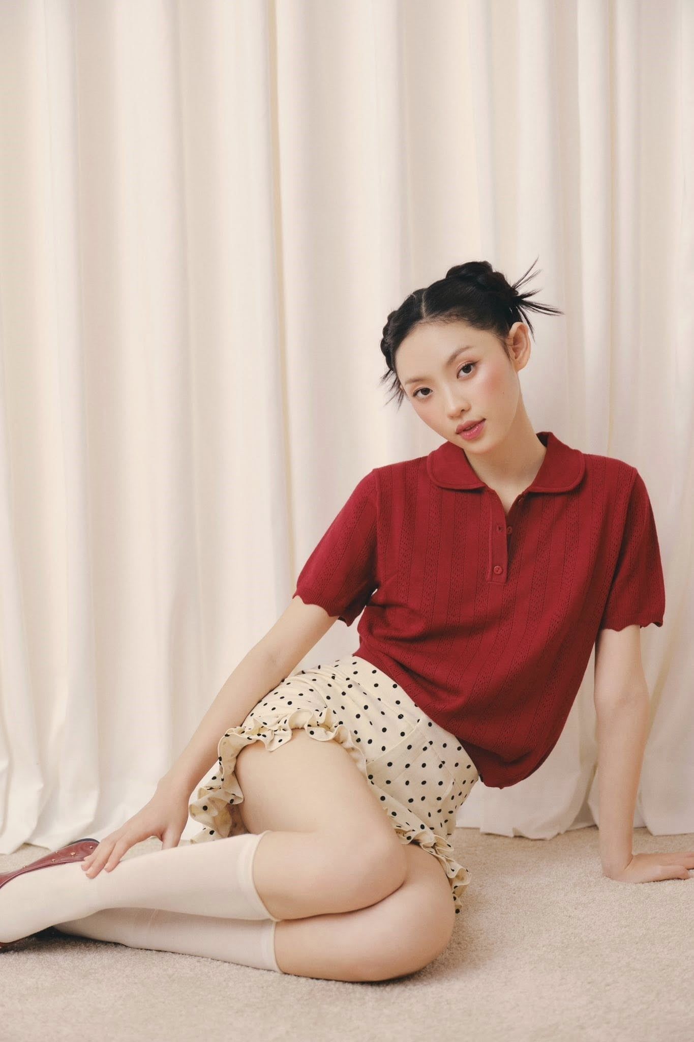 Áo Red Polo Knit Ribbed Top