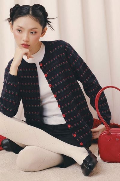  Áo len cardigan Navy Jacquard Knit Buttoned Top 
