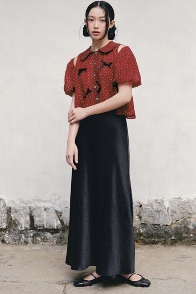  Áo babydoll phối nơ Striped Puff Sleeve Shirt nhiều màu 