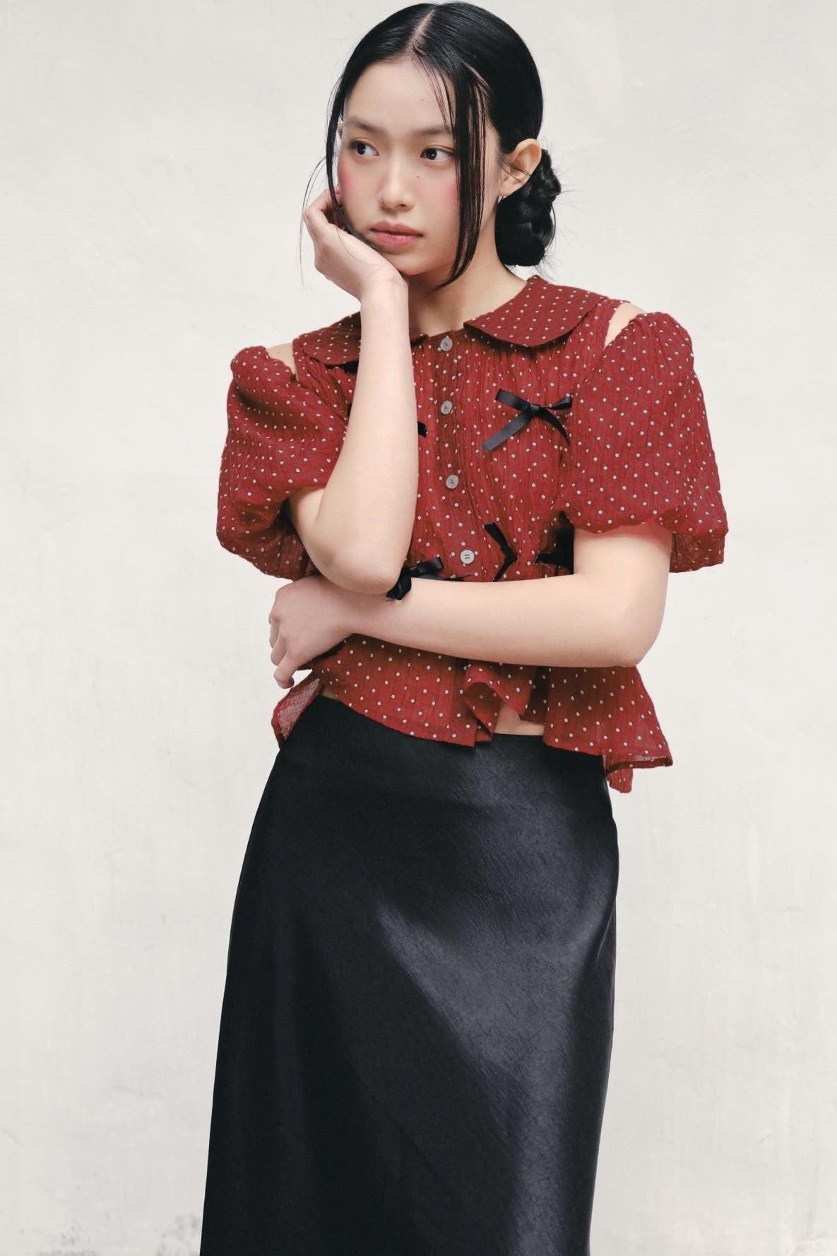 Áo babydoll phối nơ Striped Puff Sleeve Shirt nhiều màu