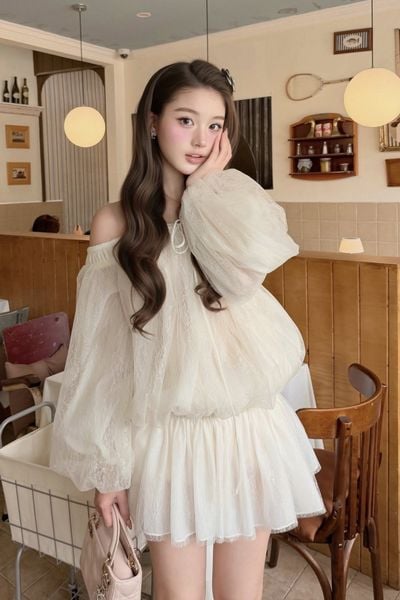  Váy tiệc dáng bí trễ vai Ivory Chiffon Off Shoulder Puff Mini Dress 