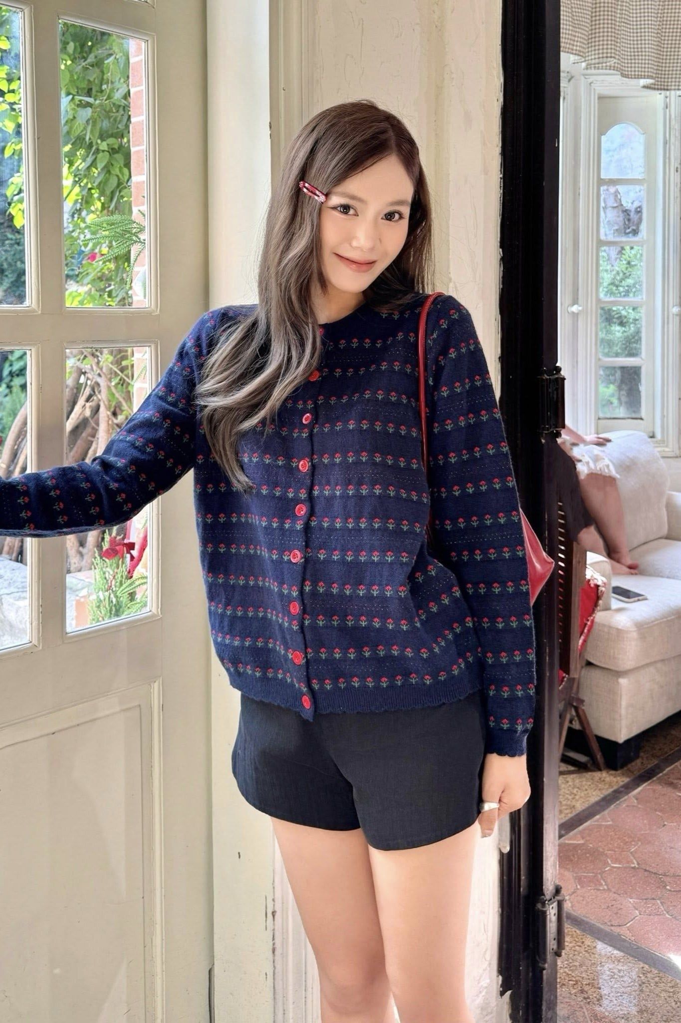 Áo len cardigan Navy Jacquard Knit Buttoned Top