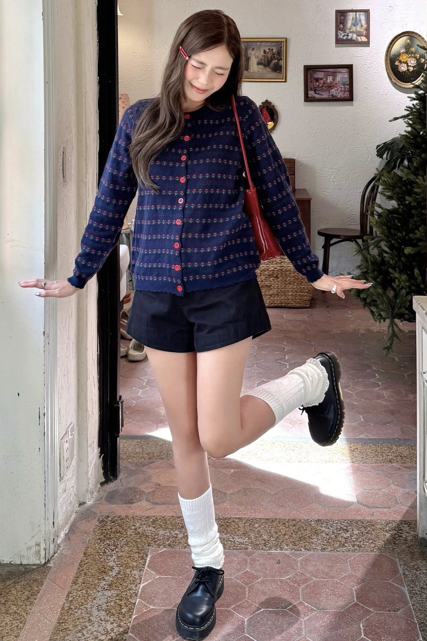 Áo len cardigan Navy Jacquard Knit Buttoned Top