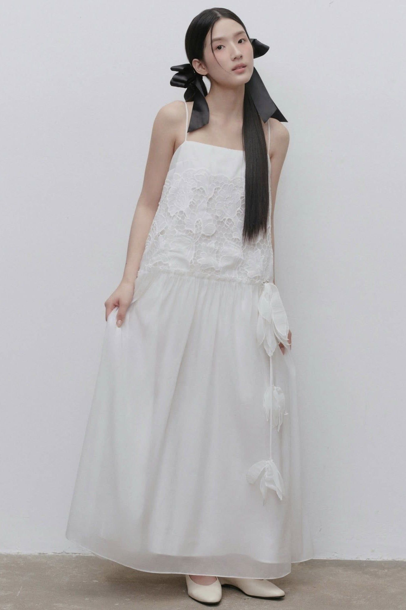 Váy maxi 2 dây White Lace Chiffon Strappy Maxi Dress