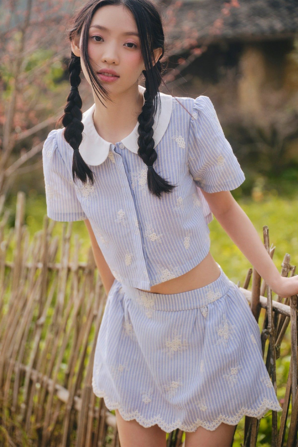 Set áo và chân váy Blue Linen Striped Bowey Set